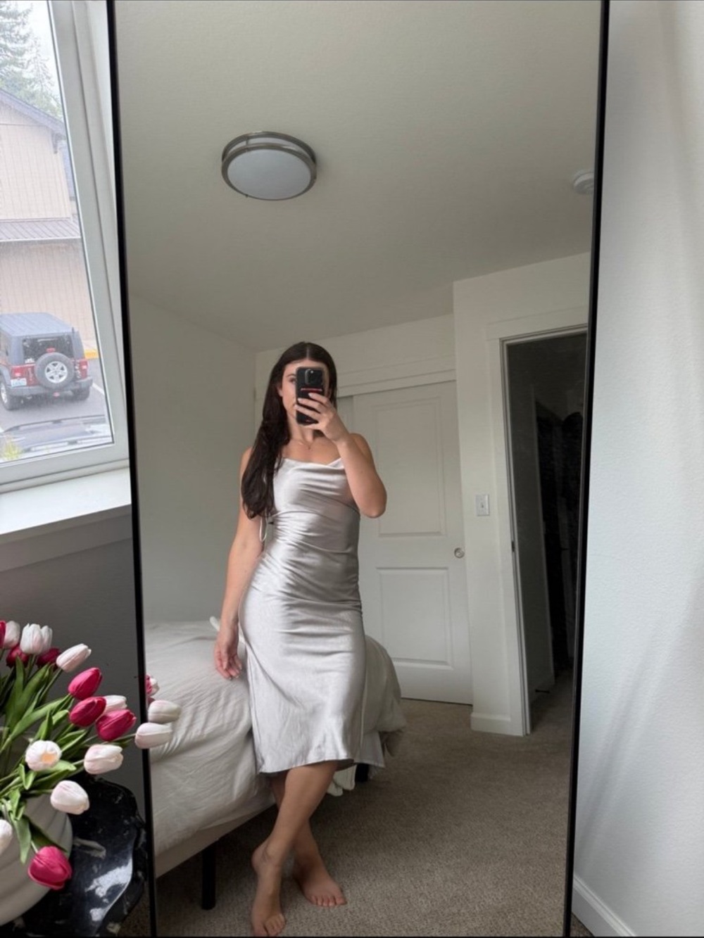 Whyte Valentyne Satin Slip Midi Dress in Silver size 2